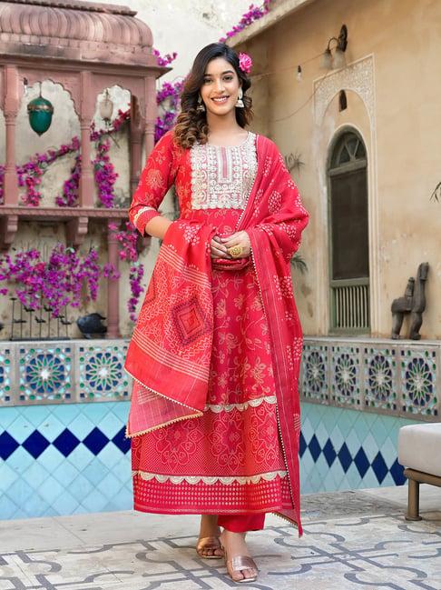 yufta red floral anarkali kurta with pant & dupatta