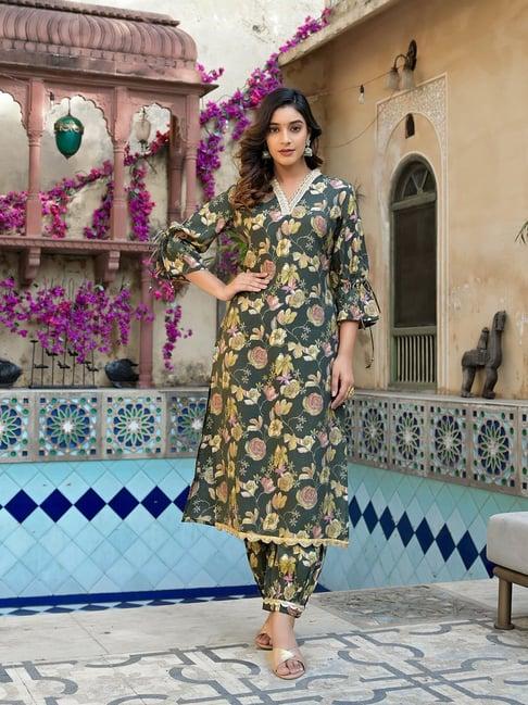 yufta olive floral kurta pant set