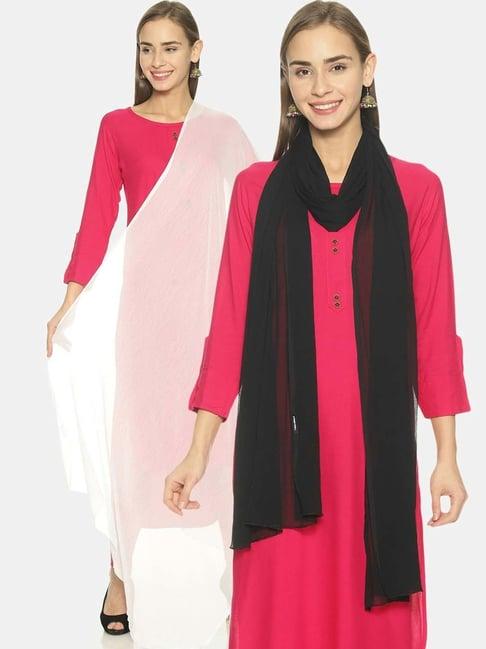 twin birds black & white plain dupatta - pack of 2