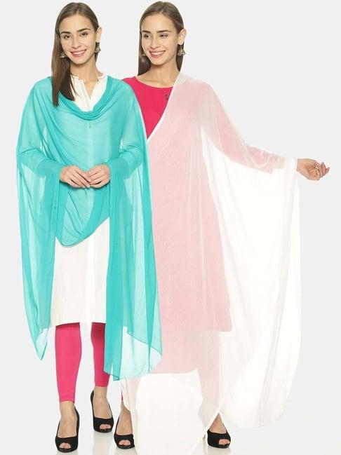 twin birds blue & off-white plain dupatta - pack of 2