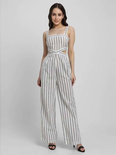 forever 21 white cotton striped jumpsuit