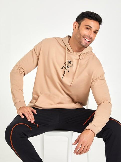 styli beige relaxed fit embroidered hooded sweatshirt