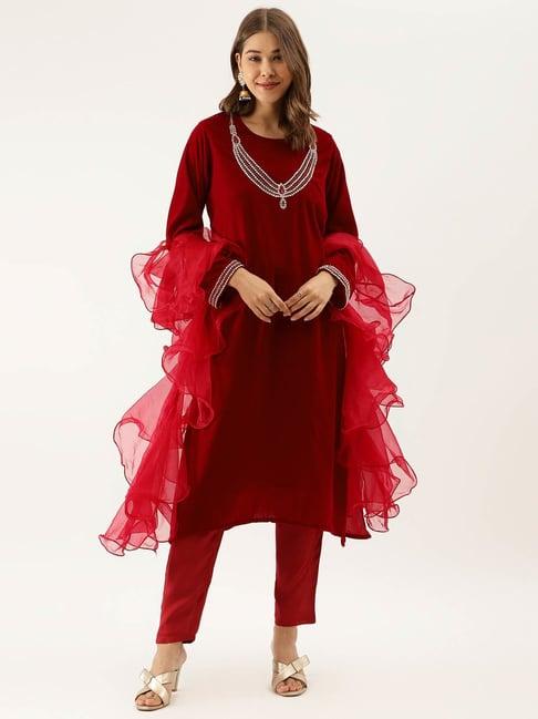 divena maroon embellished velvet kurta with pant & dupatta