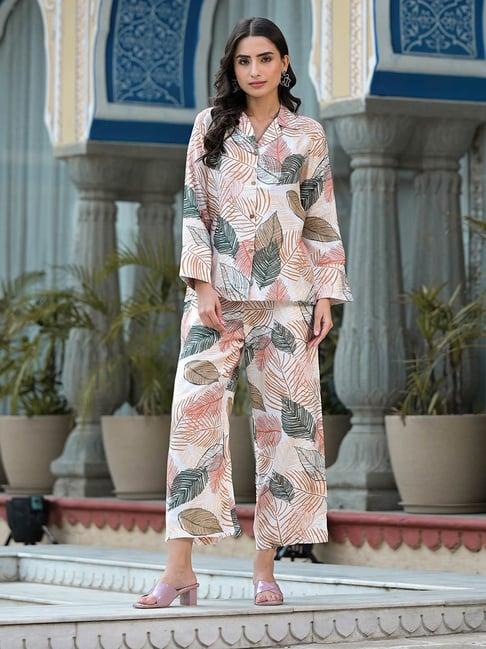 divena cream printed shirt & pant set