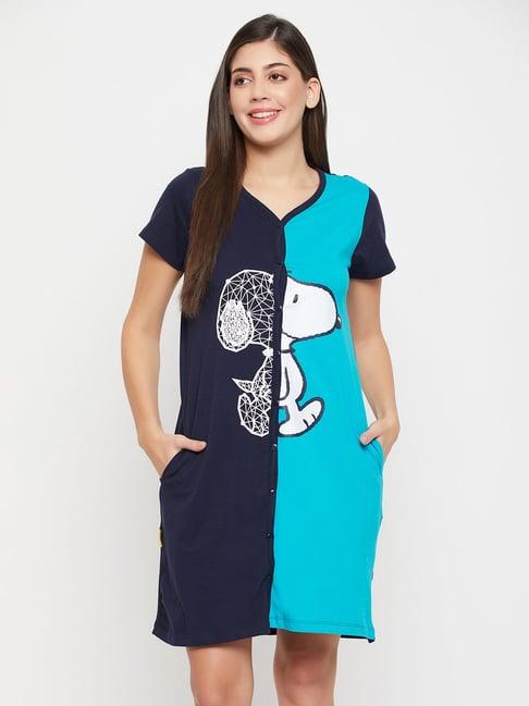 clovia blue printed night dress