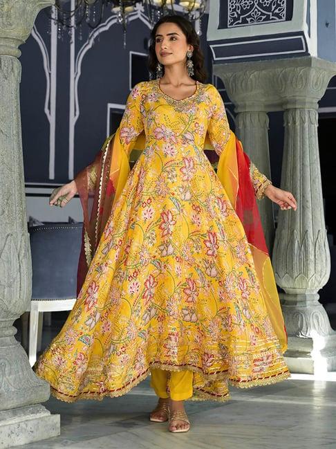 divena yellow embroidered anarkali kurta with pant & dupatta