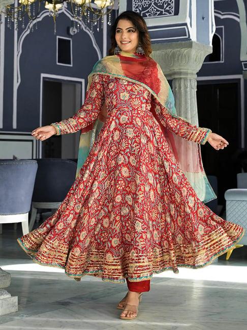 divena maroon embroidered anarkali kurta with pant & dupatta