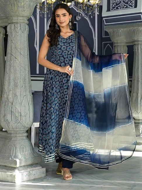 divena blue printed anarkali kurta with pant & dupatta