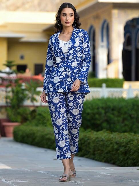 divena blue printed top & pant set with blazer