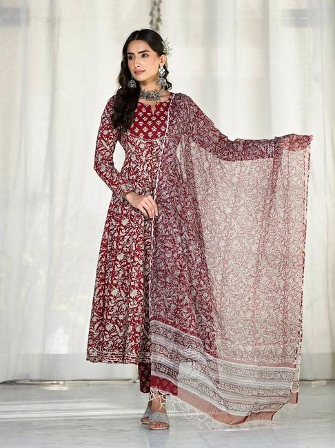 divena maroon printed pure cotton anarkali kurta with pant & dupatta