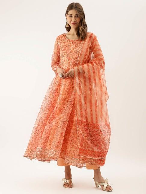 divena orange floral anarkali kurta with pant & dupatta