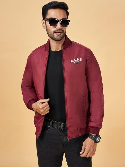 yu by pantaloons maroon regular fit logo print bomber jacket