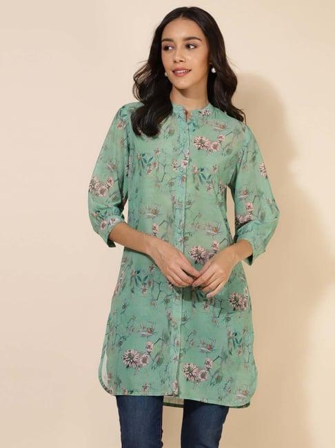 janasya green floral print tunic