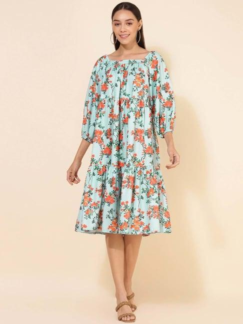 janasya sea green floral print a-line dress