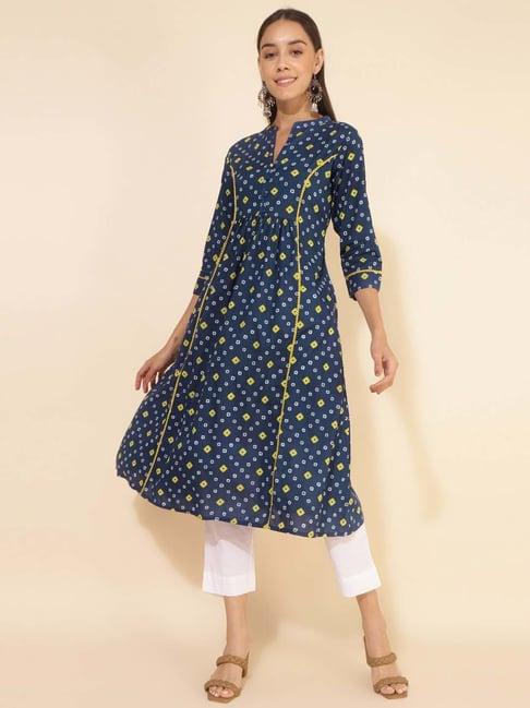 janasya blue cotton printed a line kurta