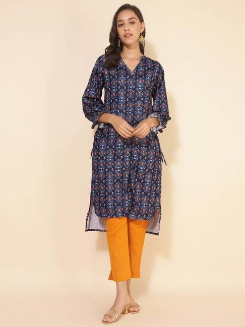 janasya blue printed straight kurta