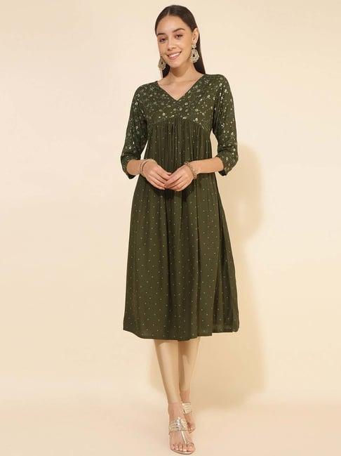 janasya olive green floral print a line kurta