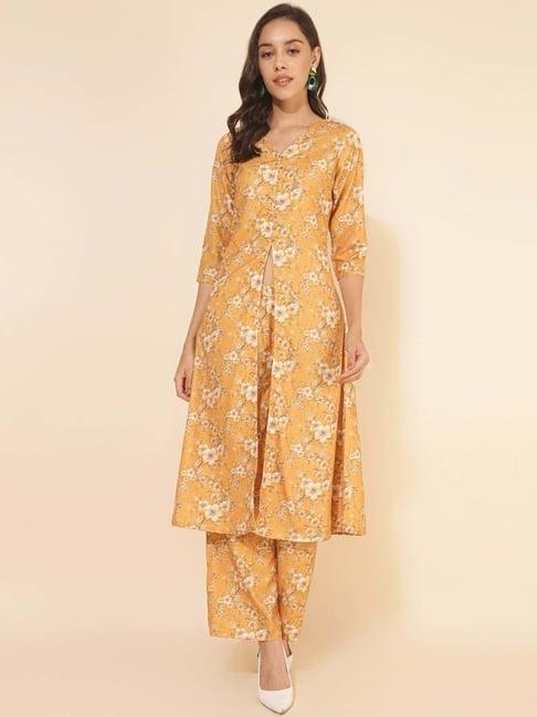 janasya yellow moss floral print kurta pant set