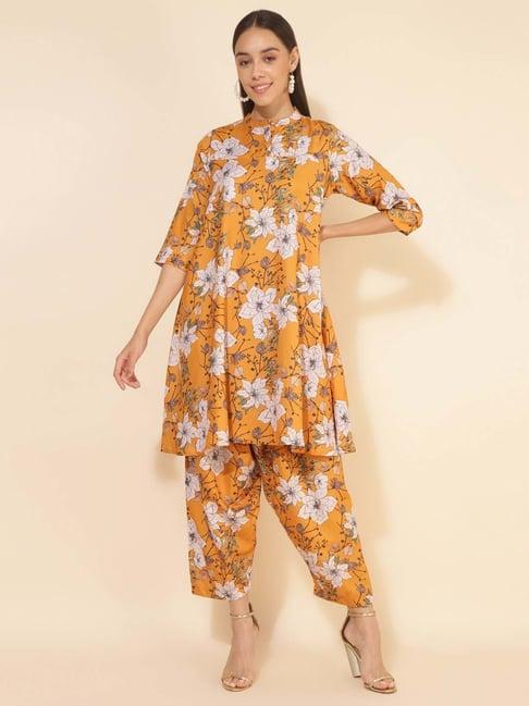 janasya yellow moss floral print kurta salwaar set