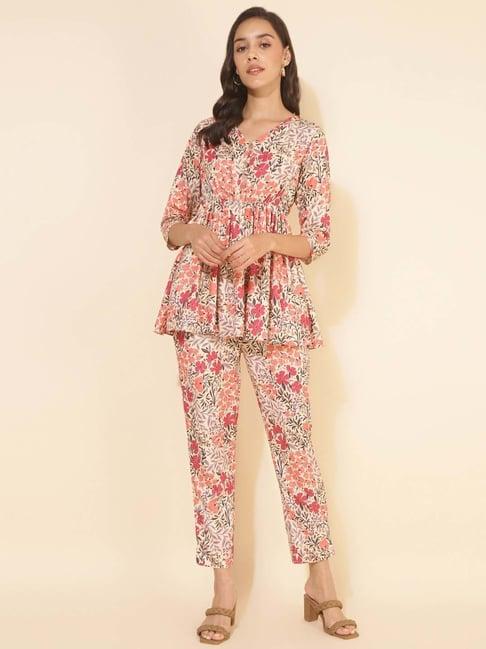 janasya beige moss floral print top pant set