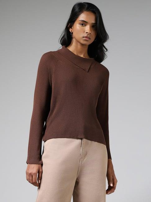 lov by westside chocolate brown asymmetrical flap collar sweater