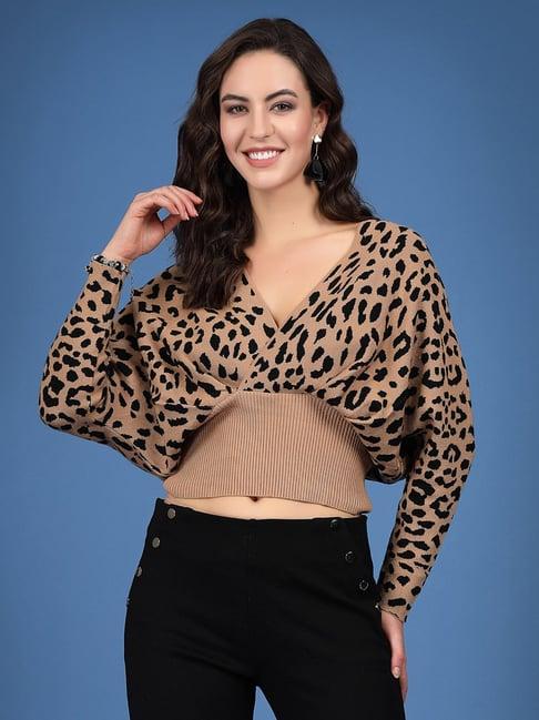 mafadeny brown animal print crop top