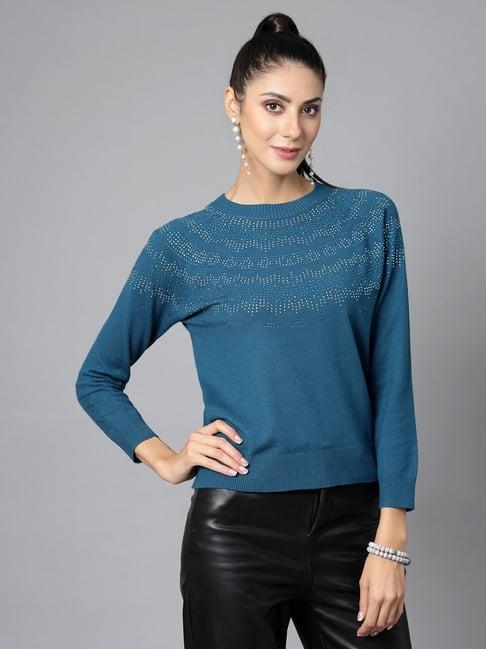 mafadeny teal embellished sweater