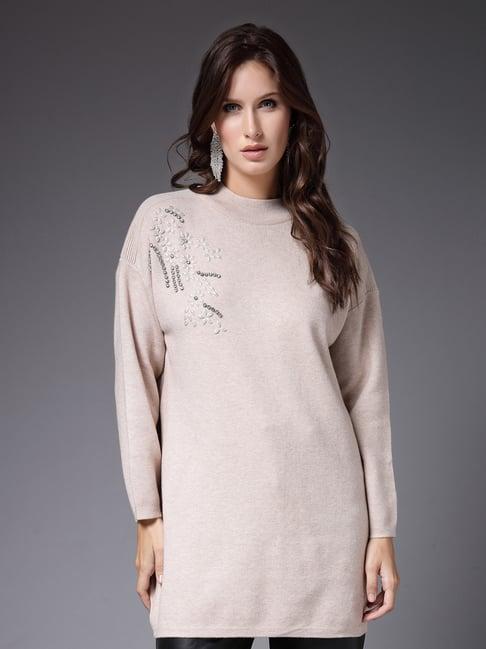 mafadeny beige embellished sweater