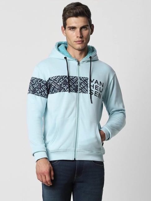 van heusen sport light blue regular fit printed hooded sweatshirt