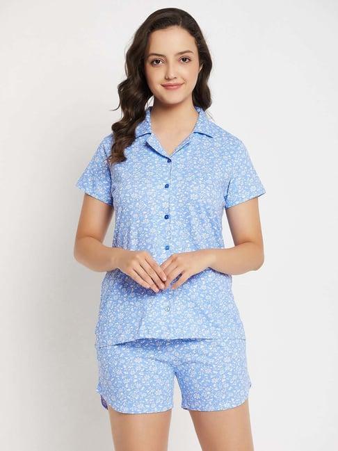 clovia blue cotton floral print shirt shorts set