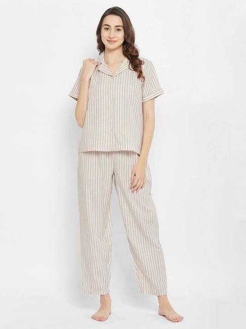 clovia beige striped shirt pyjamas set