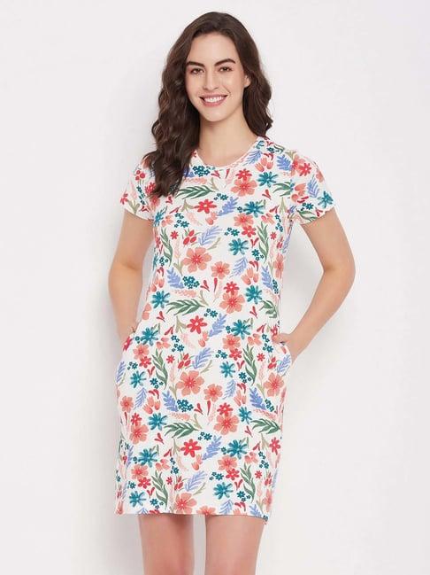 clovia white cotton floral print night dress