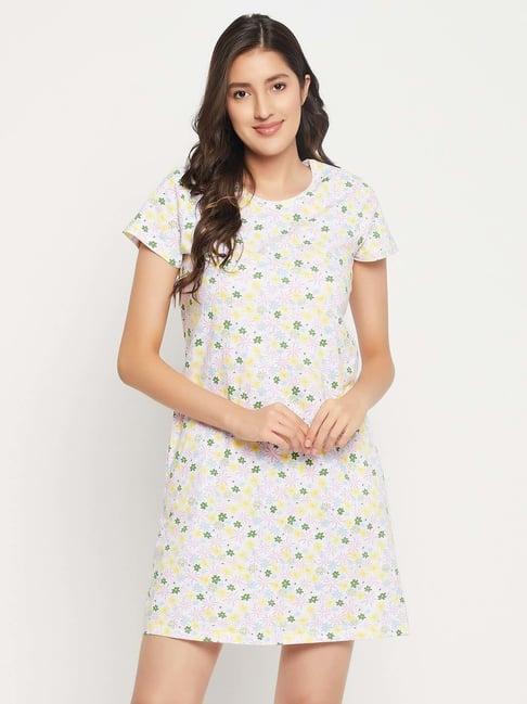 clovia white cotton floral print night dress