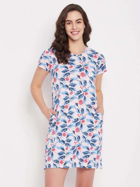 clovia white cotton floral print night dress