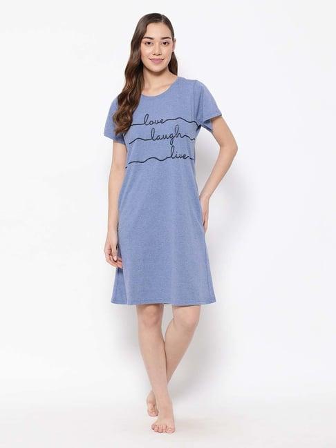 clovia blue cotton printed night dress