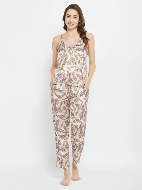 clovia beige printed top pyjamas set