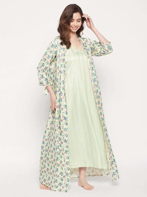 clovia green floral print nighty with robe