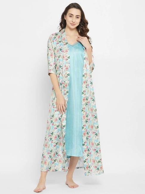 clovia blue floral print nighty with robe