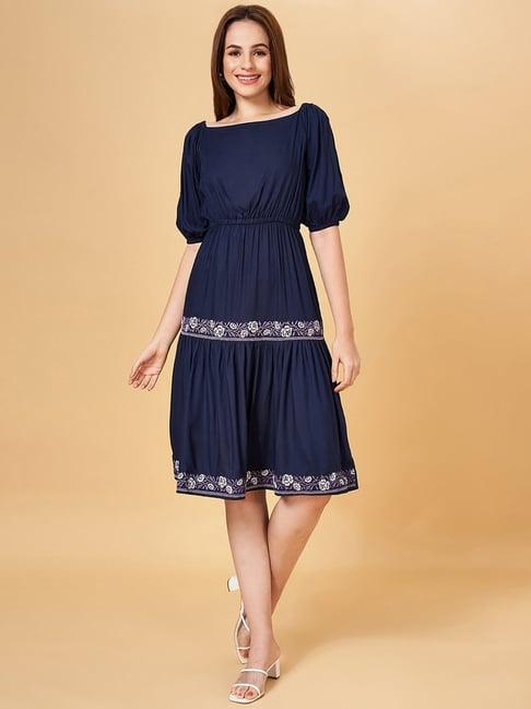 honey by pantaloons navy embroidered a-line dress