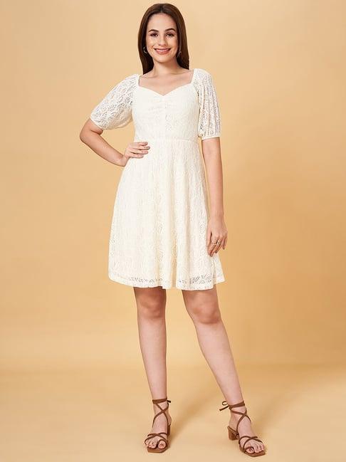 honey by pantaloons off-white self pattern a-line dress