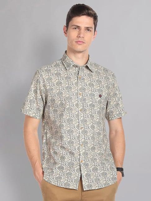 ad by arvind beige slim fit tropical print shirt