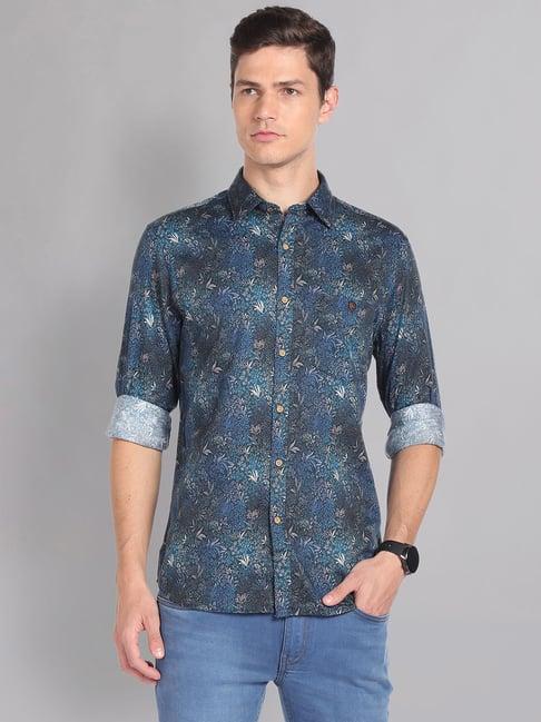 ad by arvind blue slim fit tropical print shirt