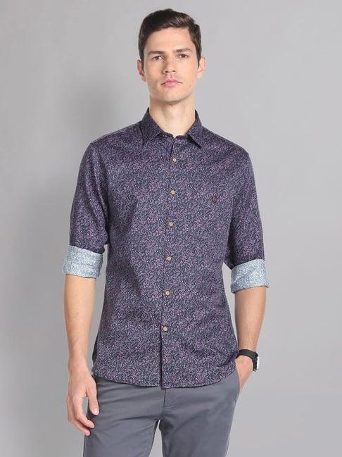 ad by arvind purple slim fit tropical print shirt