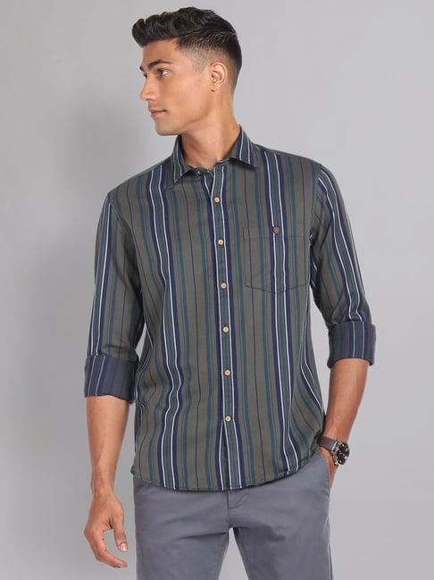 ad by arvind olive slim fit striped shirt