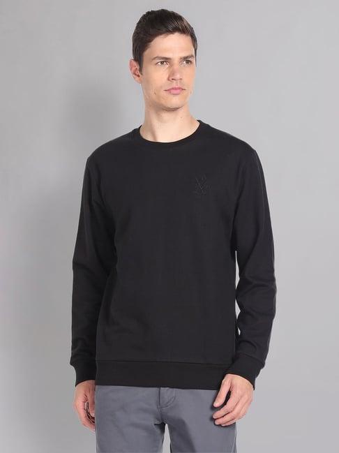 ad by arvind black slim fit embroidered logo round neck sweatshirt