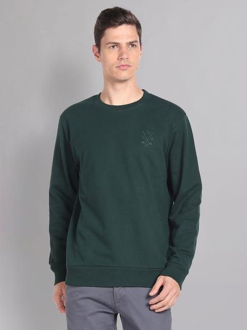 ad by arvind green slim fit embroidered logo round neck sweatshirt