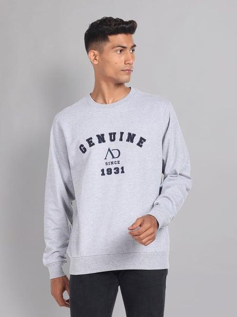 ad by arvind grey slim fit embroidered round neck sweatshirt