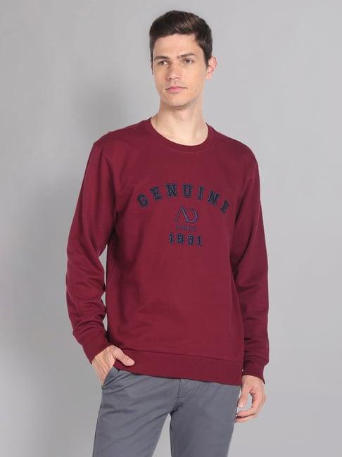 ad by arvind red slim fit embroidered round neck sweatshirt