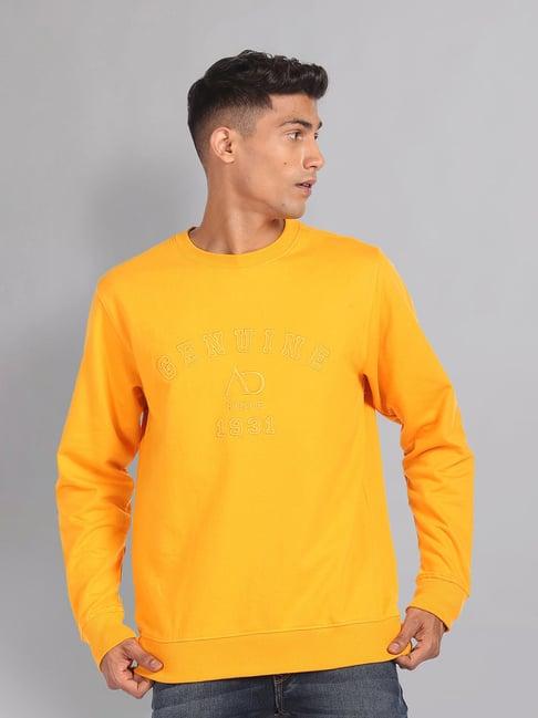 ad by arvind yellow slim fit embroidered round neck sweatshirt