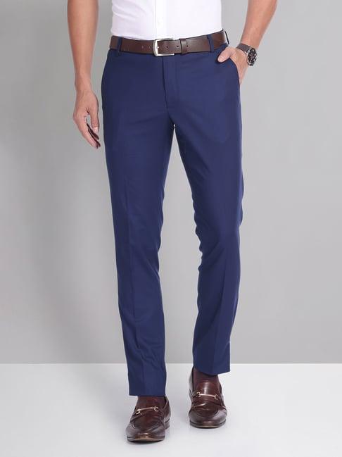 ad by arvind blue slim fit flat front trousers